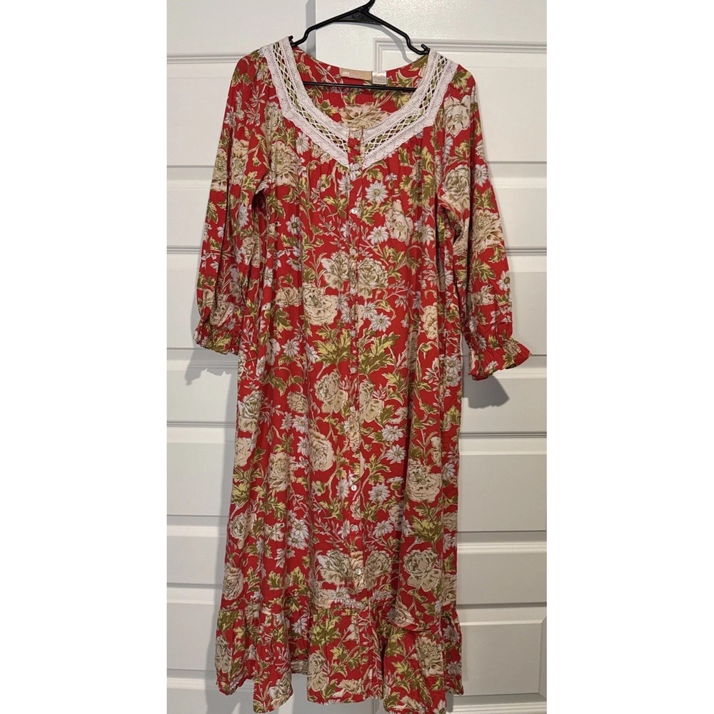 La Cera Red Floral Cotton Nightgown Lace Trim Button Front Victorian Maxi Large
